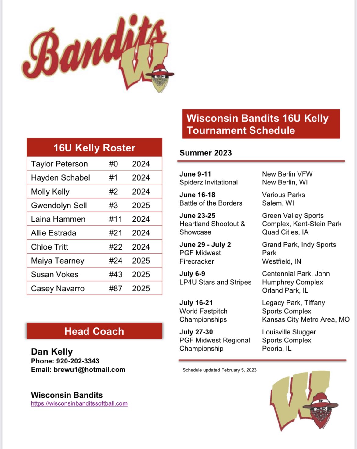 16U Kelly 2023 Summer Schedule Wisconsin Bandits Softball